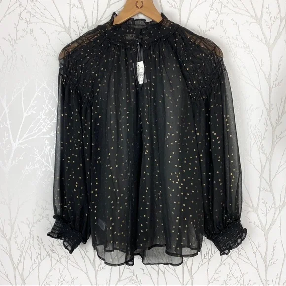 LOFT Sheer Black & Gold Dot Peasant Blouse Ruffle - Picture 2 of 8